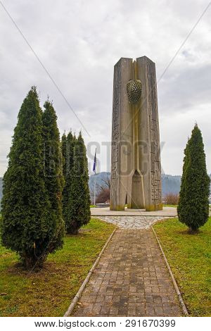 Mirna, Slovenia - December 29th 2018. A Yugoslavia Era Communist Second World War Memorial In Mirna 