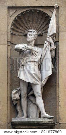 FLORENCE, ITALY - JANUARY 09, 2019: Statue of Michele Di Lando, leader of the Revolt of the Ciompi, Loggia del Mercato in Florence, Italy