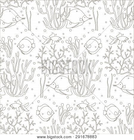 Algae, Coral, Fish Seamless Pattern, Antistress Page. Monochrome Design Element Stock Vector Illustr