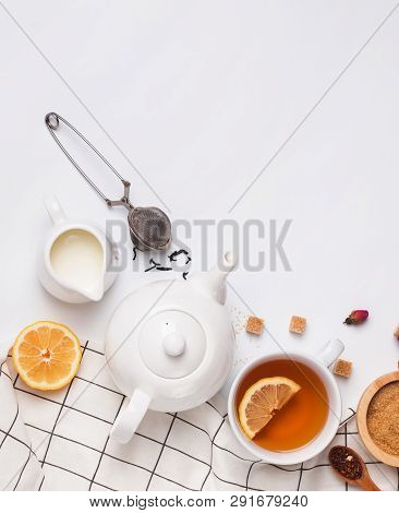Creative Composition Witn Variety Of Tea, Sugar, Lemon And Other Accessories For Making Tea