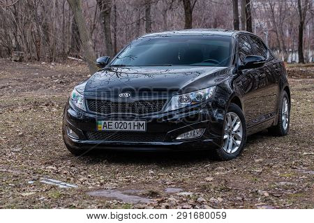Krivoy Rog, Ukraine - March 2, 2019: Photo Of Black Kia Optima K5 In The Park.