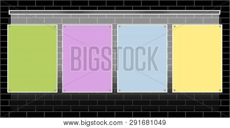 Four Sheets With Copy Space For Your Text For Ads, Notes, Messages On A Brick Wall With Illumination