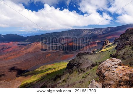 Stunning Landscape Of Haleakala Volcano Crater Taken At Kalahaku Overlook At Haleakala Summit. Maui,
