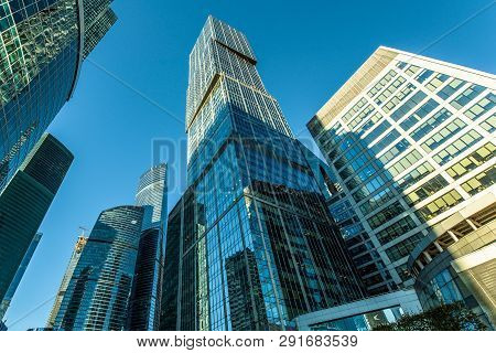 Perspective Bottom Up View On Business District Skyscrapers