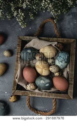 Spring Easter Minimal Background Rustic Style Composition - Organic Naturally Dyed Easter Eggs