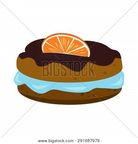 Double Biscuit With Blue Jelly, Chocolate Glaze And Slice Of Orange. Dessert, Cream, Topping. Vector