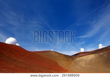 Observatories On Top Of Mauna Kea Mountain Peak. Astronomical Research Facilities And Large Telescop
