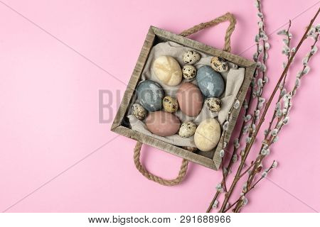 Spring Easter Minimal Background Rustic Style Composition - Organic Naturally Dyed Easter Eggs