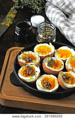 Boiled Eggs With Herbs And Sesame. Keto Breakfast Or Snack. Delicious Soft Boiled Eggs.
