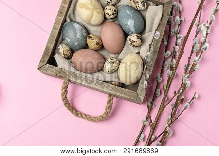 Spring Easter Minimal Background Rustic Style Composition - Organic Naturally Dyed Easter Eggs