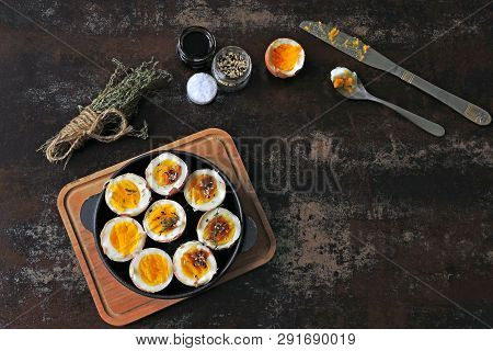 Boiled Eggs With Herbs And Sesame. Keto Breakfast Or Snack. Delicious Soft Boiled Eggs.
