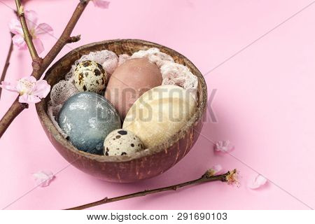 Spring Easter Minimal Concept - Organic Naturally Dyed Easter Eggs, Qual Eggs, Curcuma, Beetroot, Hi