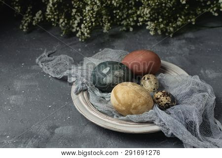 Spring Easter Minimal Rustic Style Concept - Organic Naturally Dyed Easter Eggs, Qual Eggs, Curcuma,