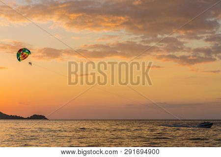 February 2019. Patong Thailand. Parasailing At Patong Beach In Patong Thailand