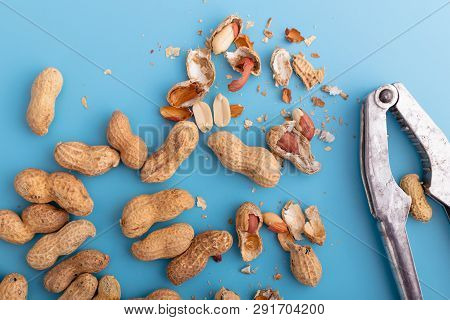 Natural whole peanuts in a shell  on a blue background.Peel the peanut from the shell.Healthy vegan 
