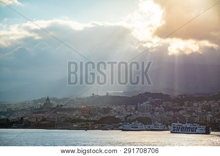 Messina, Italy - 9.02.2019: Beautiful View Of Cityscape And Harbor Of Messina From Ferry In Sicily, 