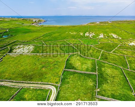 Aerial View Of Inishmore Or Inis Mor, The Largest Of The Aran Islands In Galway Bay, Ireland. Famous