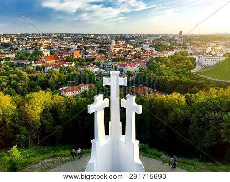Aerial View Of The Three Crosses Monument Overlooking Vilnius Old Town On Sunset. Vilnius Landscape