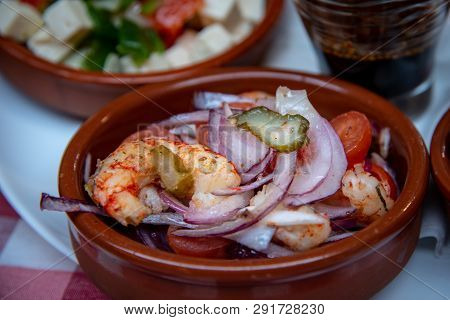 Variation Of Dishes With Delicious Traditional Spanish Tapa Food From A Spanish Restaurant.