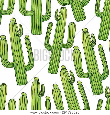 Exotic Green Cactuses Seamless Pattern. Tropic Succulents And Flowering Plants. Mexican Style Backgr
