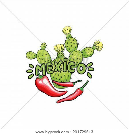 Mexico Lettering With Green Letters, Cacti Saguaro And Red Pepper. Isolated Logo Vector Design Eleme