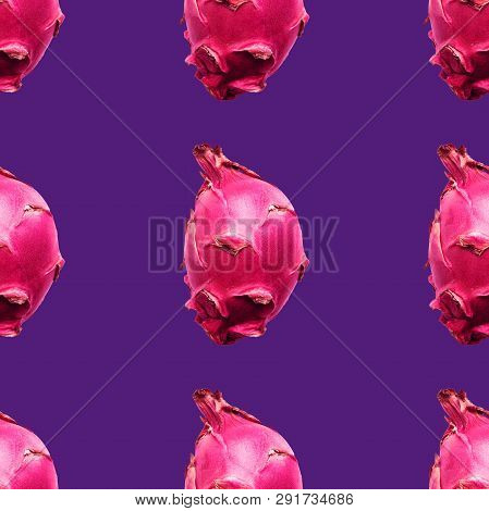 Pitaya Seamless pattern Whole dragon fruit on a lilac background Realistic bright print