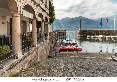 Luino, Varese, Italy - September 10, 2018: Luino, A Small Tourist Town Near The Border With Switzerl