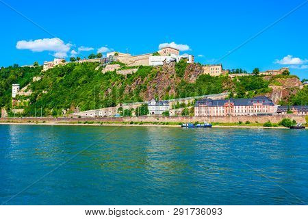 Ehrenbreitstein Fortress Aerial Panoramic View In Koblenz. Koblenz Is City On Rhine, Joined By Mosel