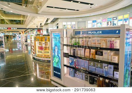 DUBAI, UAE - CIRCA JANUARY, 2019: perfumes and cosmetics products on display at Dubai International Airport.