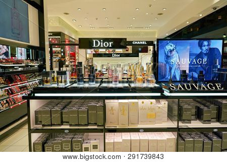 DUBAI, UAE - CIRCA JANUARY, 2019: perfumes and cosmetics products on display at Dubai International Airport.
