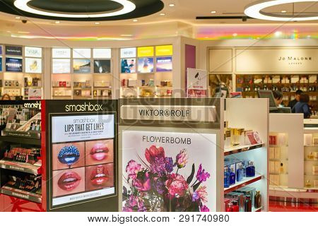 DUBAI, UAE - CIRCA FEBRUARY, 2019: perfumes and cosmetics products on display at Dubai International Airport.