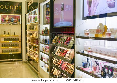 DUBAI, UAE - CIRCA FEBRUARY, 2019: perfumes and cosmetics products on display at Dubai International Airport.