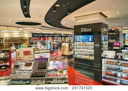 DUBAI, UAE - CIRCA JANUARY, 2019: perfumes and cosmetics products on display at Dubai International Airport.