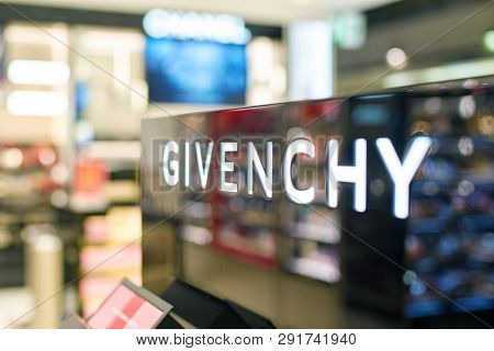 DUBAI, UAE - CIRCA FEBRUARY, 2019: close up shot of Givenchy sign in Dubai Duty Free.