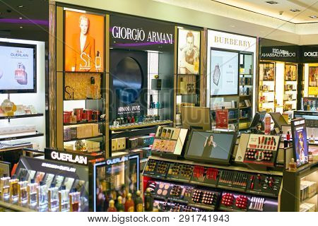 DUBAI, UAE - CIRCA FEBRUARY, 2019: perfumes and cosmetics products on display at Dubai International Airport.
