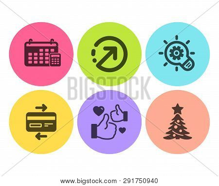 Calendar, Credit Card And Cogwheel Icons Simple Set. Like, Direction And Christmas Tree Signs. Calcu