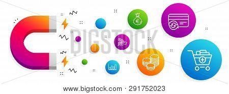 Magnet Attracting. Loan Percent, Money Bag And Change Card Icons Simple Set. Report Diagram, Tips An