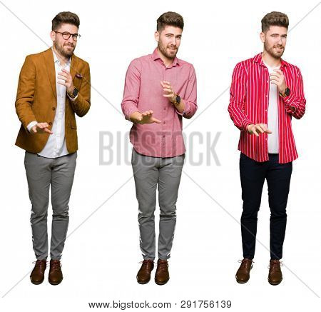 Collage of handsome young business man over white isolated background disgusted expression, displeased and fearful doing disgust face because aversion reaction. With hands raised. Annoying concept.