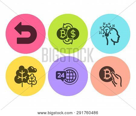 Bitcoin Exchange, Undo And Idea Icons Simple Set. Tree, 24h Service And Bitcoin Pay Signs. Cryptocur
