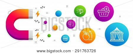 Magnet Attracting. Good Mood, Apple And Add Purchase Icons Simple Set. Push Cart, Fastpass And Circu