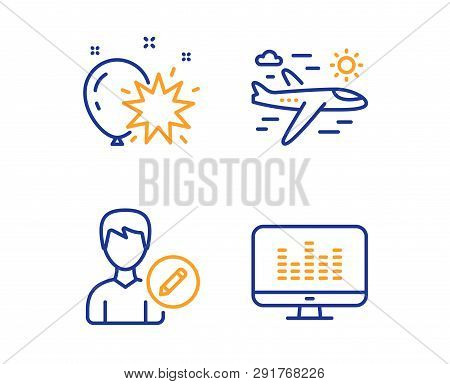 Balloon Dart, Airplane Travel And Edit Person Icons Simple Set. Music Making Sign. Attraction Park, 