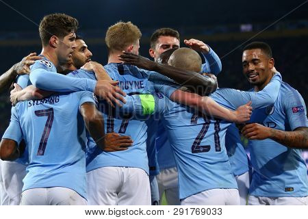 Kharkiv, Ukraine - October 23, 2018: Manchester City Players Celebrate After David Silva Scored A Go
