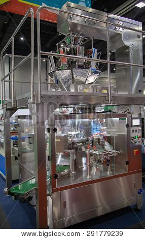Bangkok, Thailand - February 13, 2019: Vertical Multi-head Weigher Packaging Machine For Sachets Chi