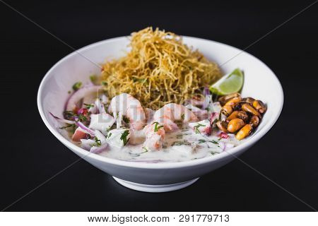 Ceviche Sakimi Nikkei Sushi Dish In A White Bowl