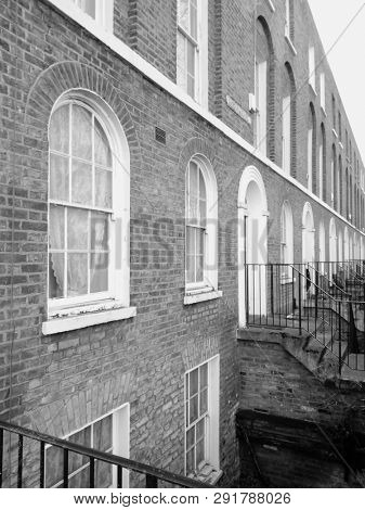 LONDON/ UK- 23rd march 2019: Historic Georgian terrest houses, in London's east end, taken in black and white.