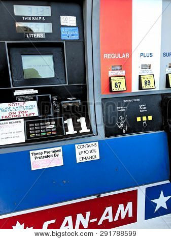 Point Roberts, Washington - Mar.26, 2019. Gas Pump Nozzles At Camam Gas Station.