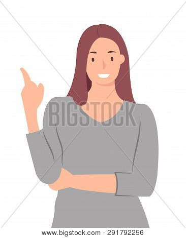 Ccartoon People Character Design Woman Introducing Something Cheerfully. Ideal For Both Print And We