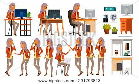 Arab Woman Set Office Worker . Woman. Hijab. Ghutra. Arab, Muslim. Poses. Face Emotions, Various Ges
