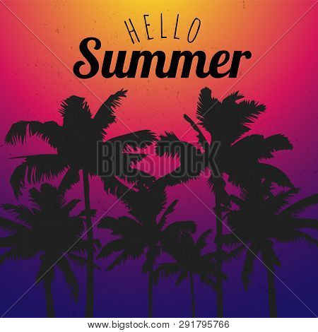 Template Hello Summer With Black Palm Trees On Color Background. Flat Designer Element For Banner, F