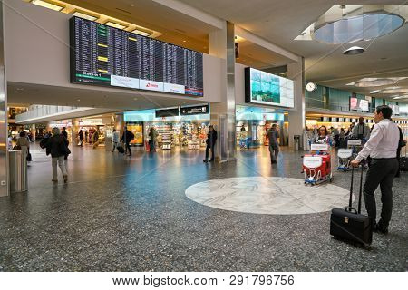 ZURICH, SWITZERLAND - CIRCA OCTOBER, 2018: interior shot of Zurich International Airport.
